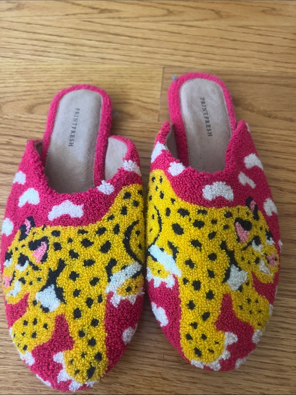Printfresh Pink & Yellow spotted Leopard Terry Crochet Mules Flats New 8